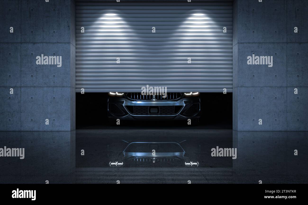 Luxuriöses Auto in einer modernen Garage mit Metallläden. 3D-Rendering Stockfoto