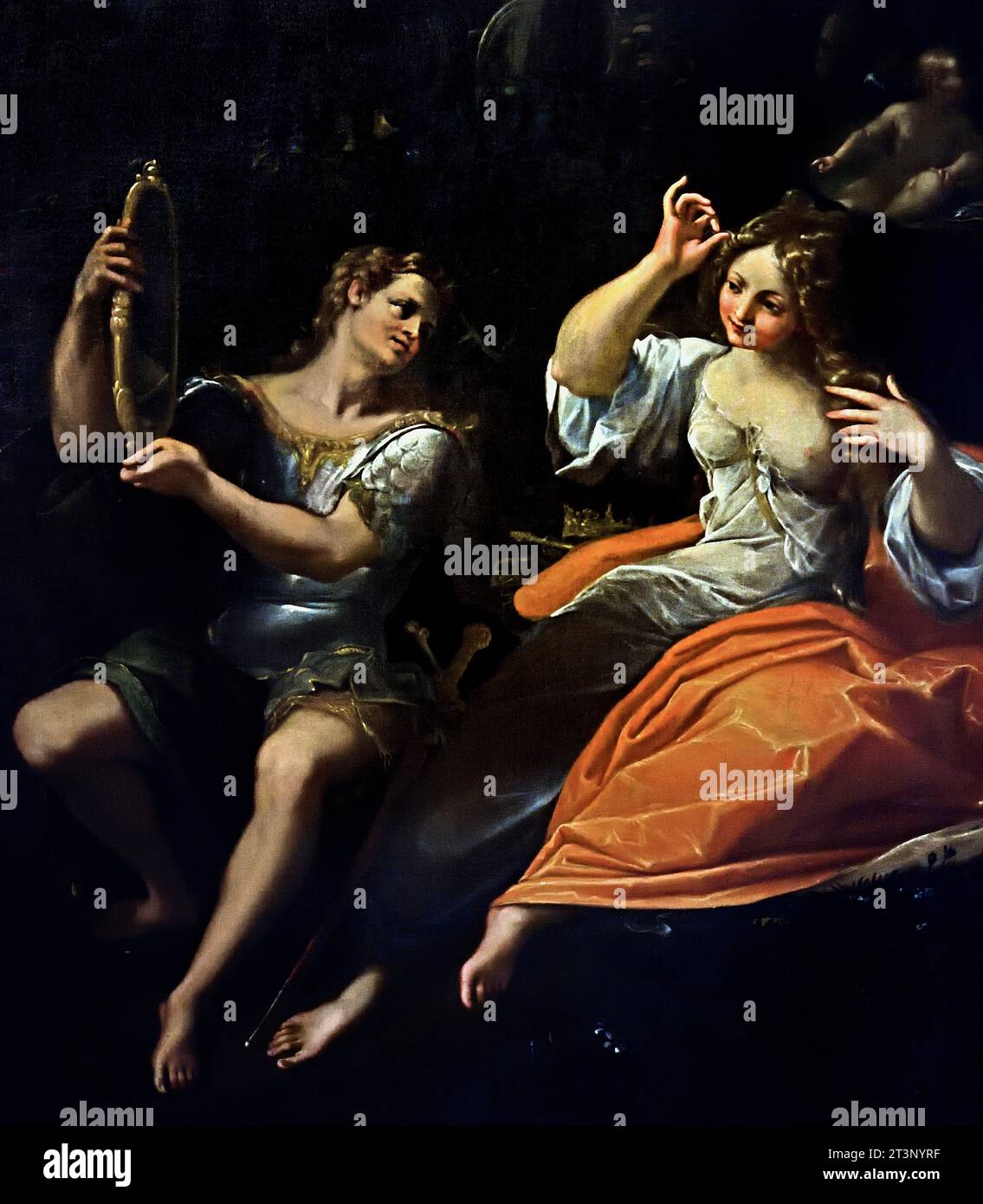 Rinaldo und Armida 1593 von Ludovico Carracci Museum.Italia, Italien. Die betörende syrische Zauberin Armida hat den christlichen Kreuzritter Rinaldo in ihrem Inselreich gefangen genommen. Leidenschaftlich verliebt und abgelegen in einem magischen Wald, wird Armida von Rinaldo geschmeichelt, während er sie anfleht, in einen Spiegel zu blicken und ihre wunderschönen Locken zu bewundern. Stockfoto