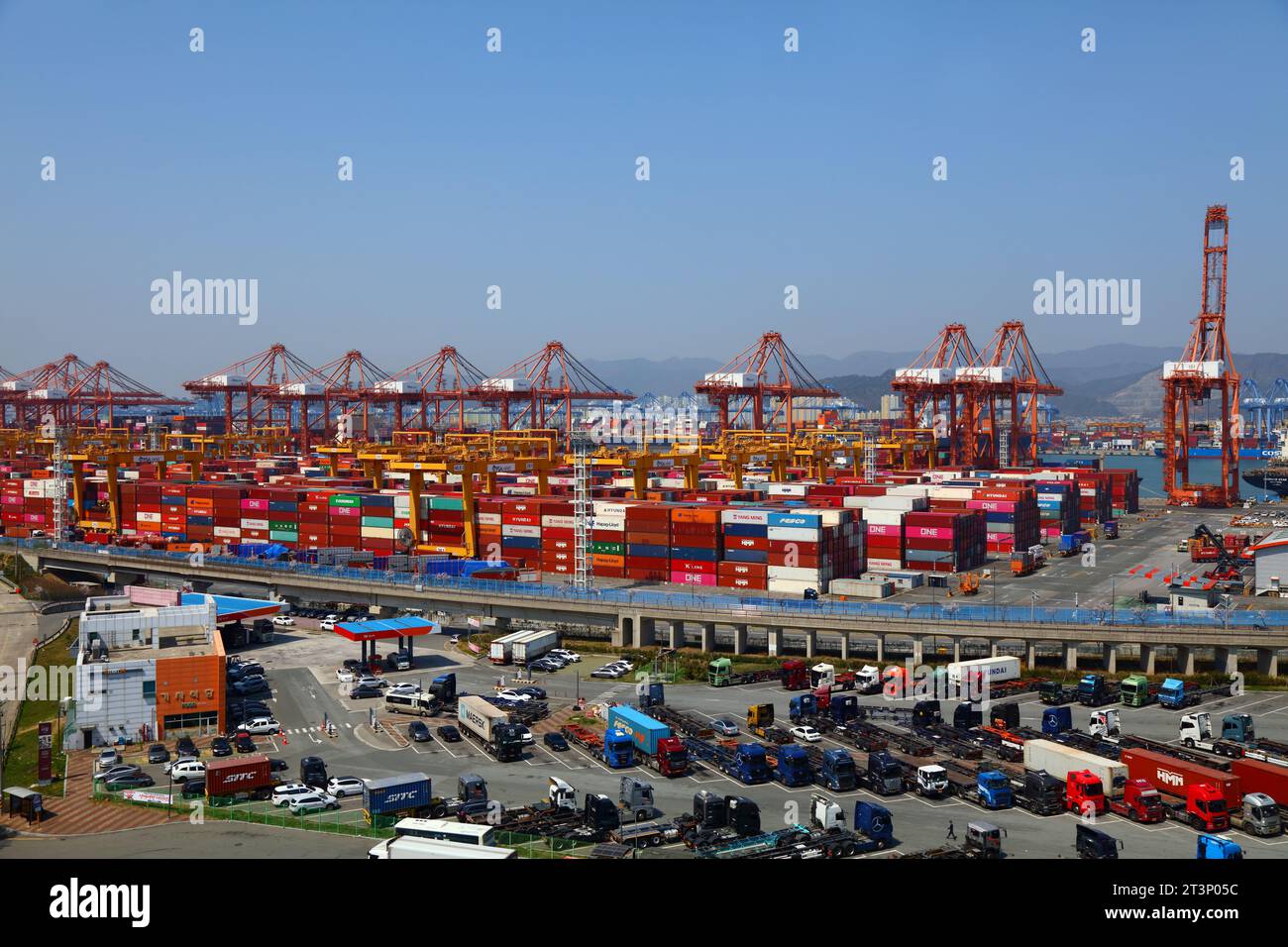 BUSAN, SÜDKOREA - 31. MÄRZ 2023: Busan New Port, auch bekannt als Pusan Newport International Terminal. Neues Containerterminal in Seongbuk-dong Stockfoto
