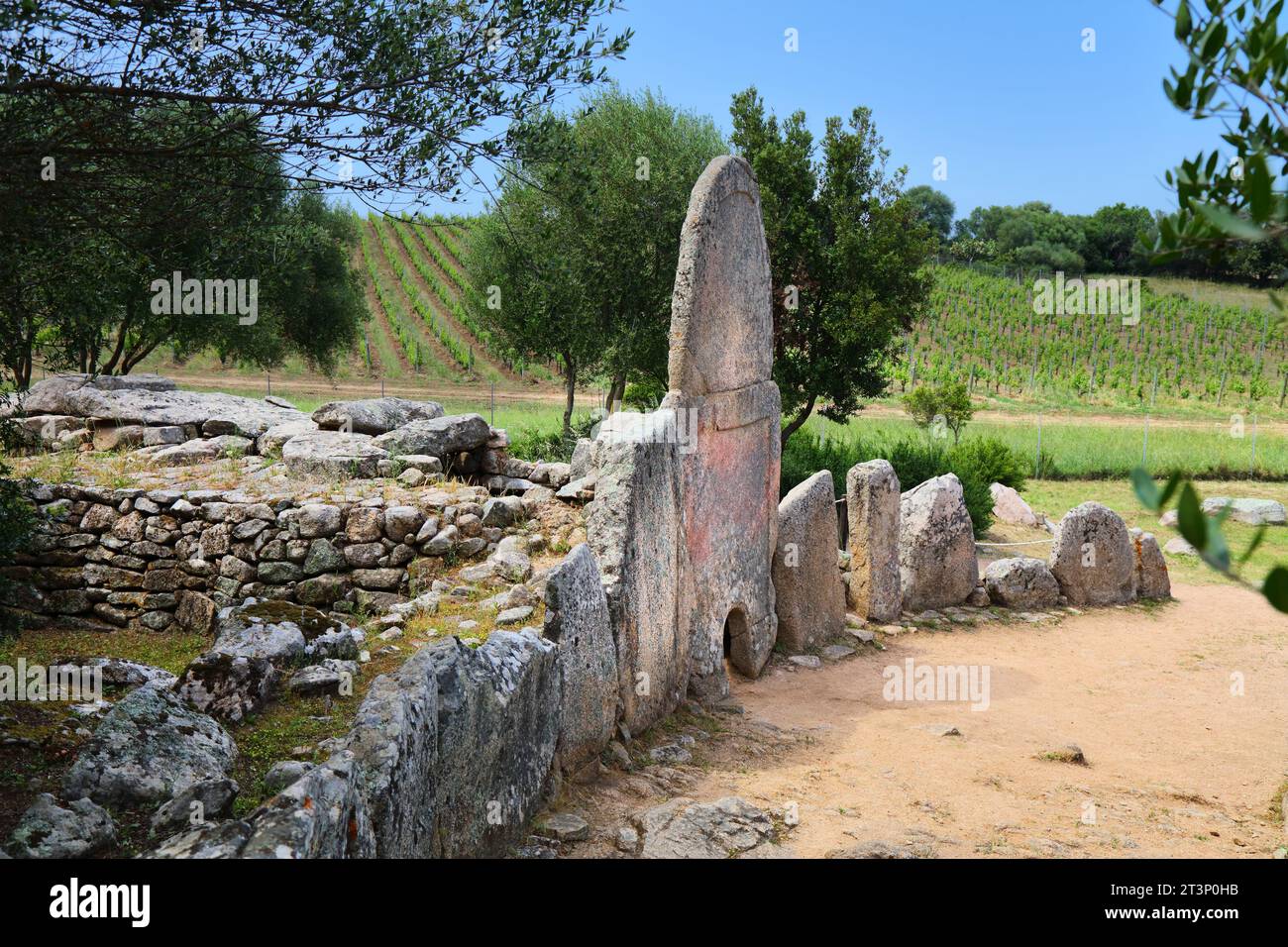 Riesen-Grab auf Sardinien, Italien. Grabmal von Coddu Vecchiu bei Arzachena. Bronzezeit-Megalith und Stele. Stockfoto