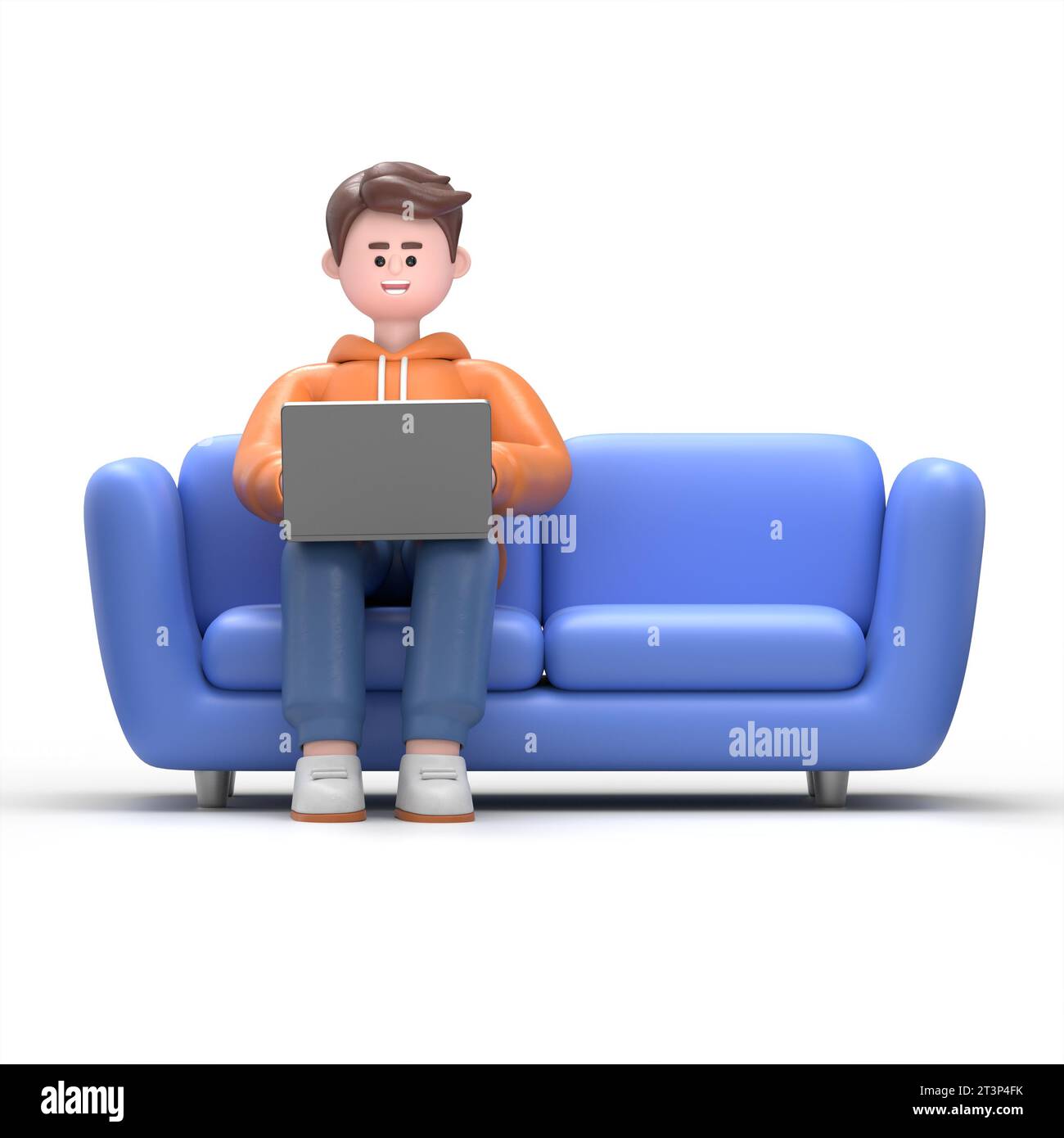 3D-Illustration des männlichen Guy Qadir sitzt auf blauem Sofa in schlichtem rosa Innenraum mit Kopierraum und Arbeit zu Hause auf Laptop.3D-Rendering auf weißem Hintergrund Stockfoto