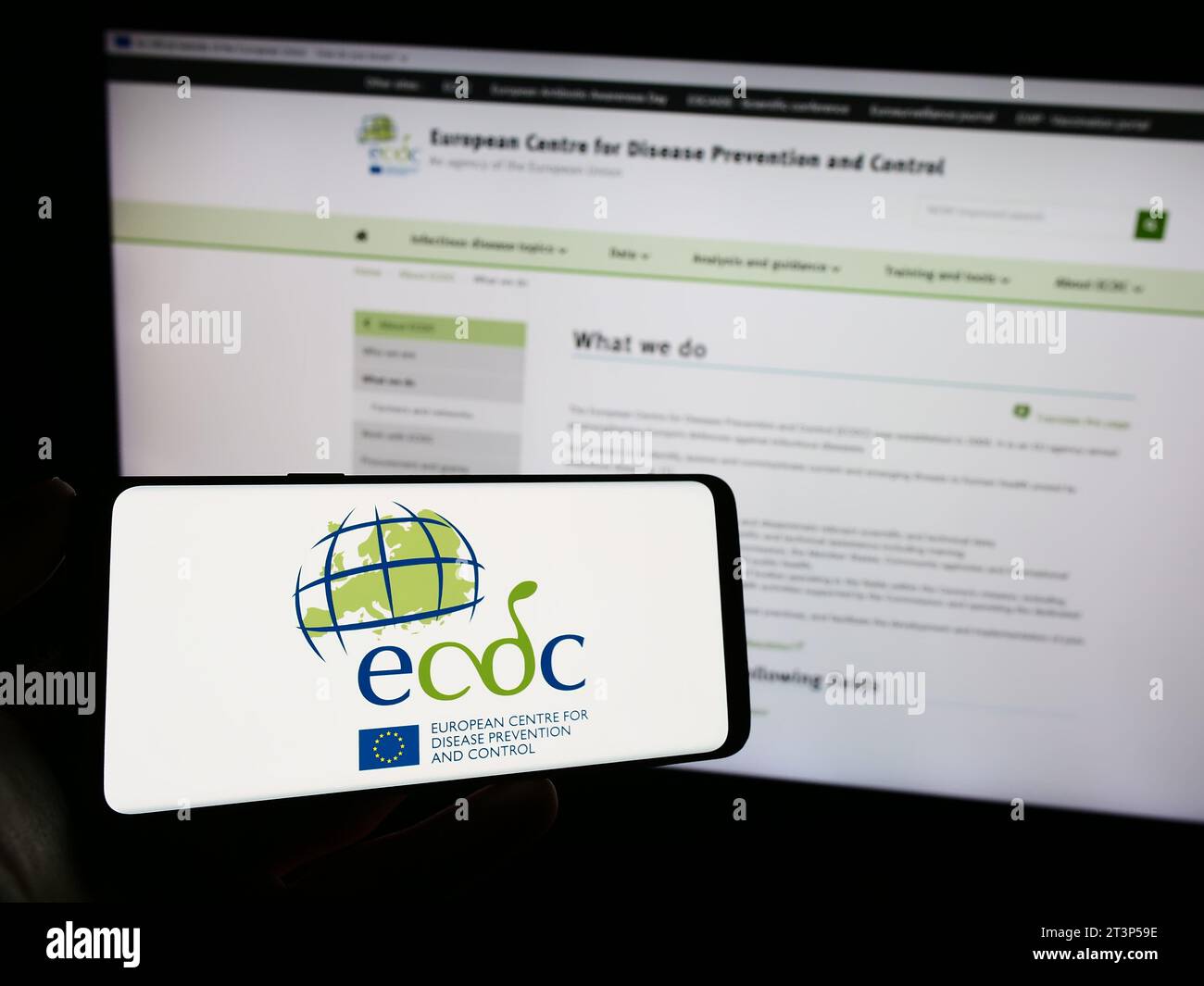 Person mit Mobiltelefon mit Logo des Europäischen Zentrums für die Prävention und die Kontrolle von Krankheiten (ECDC) vor der Webseite. Schwerpunkt auf dem Display des Telefons. Stockfoto