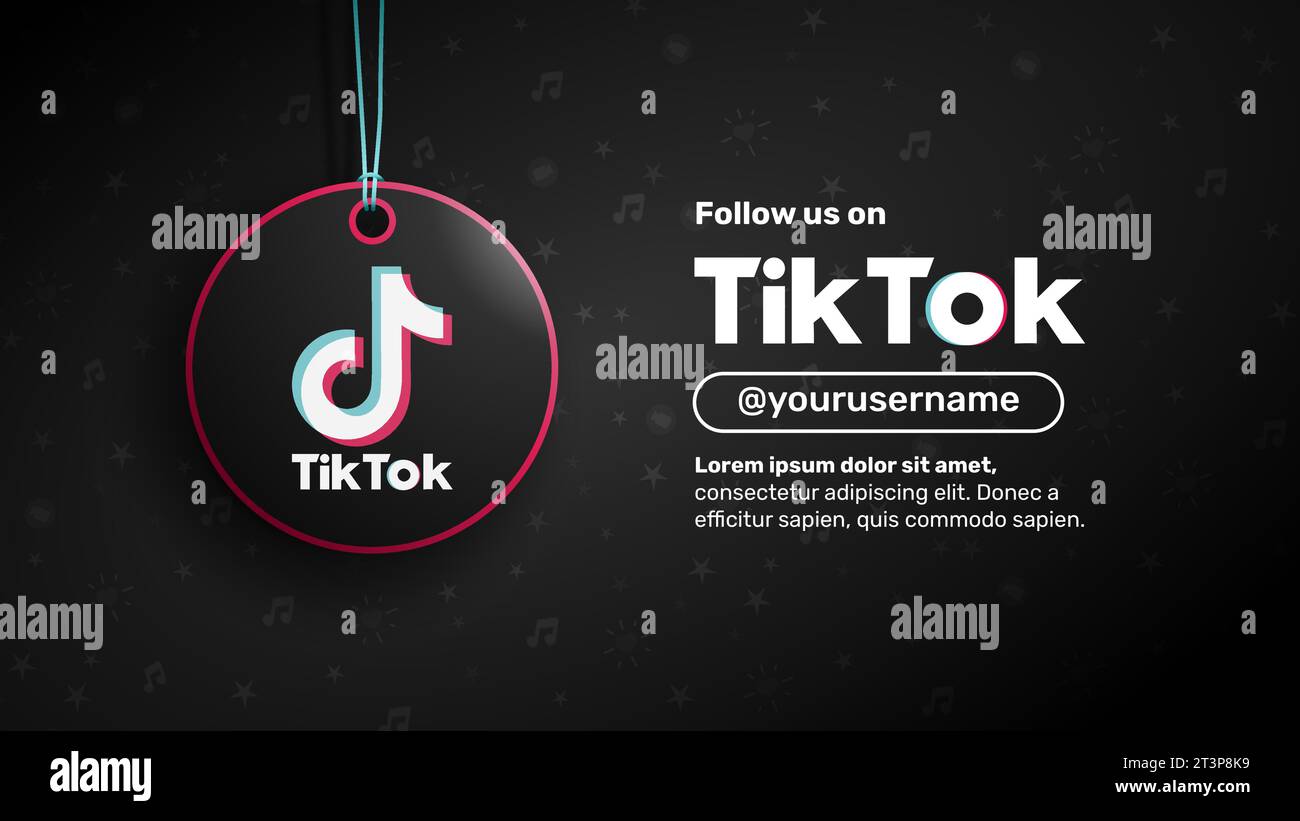 Folgen Sie uns Webbanner. Rundes Etikett mit Tik Tok-Logo innen. Vorlage für Vektorabbildungen mit Text zum Ersetzen durch Ihre Kontaktinformationen. Stock Vektor
