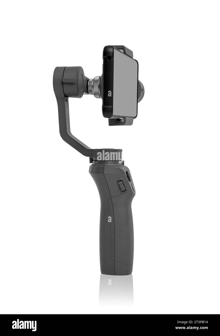 Steadicam mit Smartphone isoliert auf weiß. Stockfoto