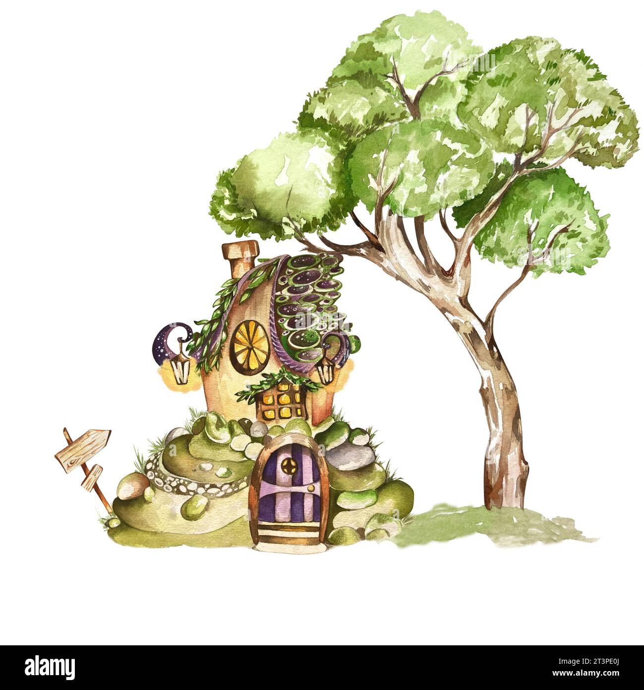 Komposition mit Feenhaus und hohem Baum. Aquarellabbildung. Stockfoto