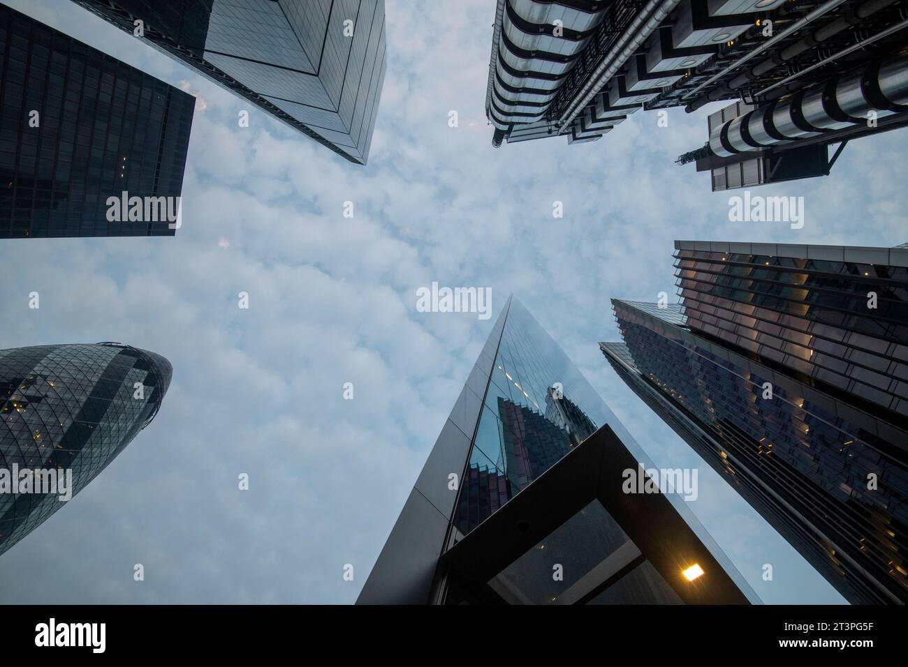 Blick auf Wolkenkratzer in der Abenddämmerung im Finanzdistrikt, London, England, Großbritannien Stockfoto