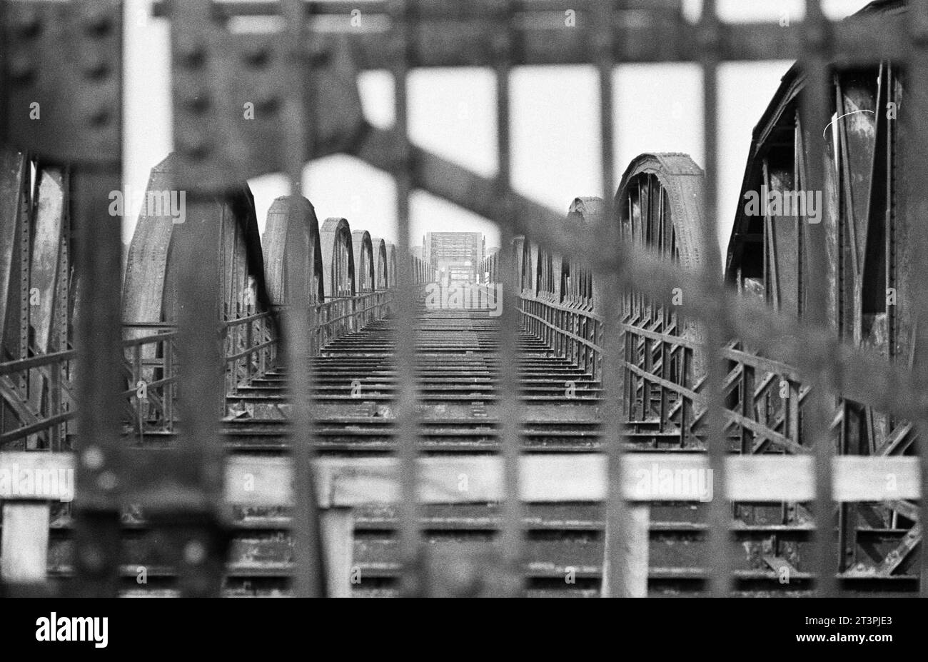 Archivfoto aus dem Juli 1978 von der Dömitzer Eisenbahnbrücke. Die schnelle einen Kilometer lange Elbquerung wurde 1870 - 1873 gebaut, war Teil der West-Ost-Bahnstrecke Lüneburg - Wittenberge und wurde 1945 durch einen Luftangriff teilweise zerstört. Wegen der deutschen Teilung lag sie fortan im Grenzgebiet und wurde nicht instandgesetzt. Wegen Einsturzgefahr wurden drei Brückenteile 1978 abgebaut und mit Pontons abtransportiert, wobei zahlreiche Schaulustige zusahen. *** Archivfoto vom Juli 1978 der Dömitzer Eisenbahnbrücke der knapp einen Kilometer lange Elbübergang wurde 1870 in 1 gebaut Stockfoto