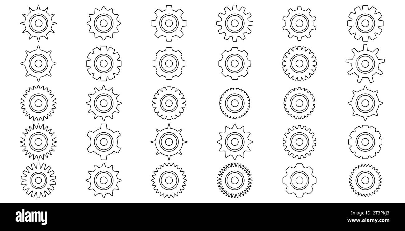 Zahnradsymbole. Symbol „Gänge einstellen“. Sammlung mechanischer Zahnräder. Einfache Sammlung von Zahnrädern. Silhouette der Zahnradsymbole. Illustration mit Stockfoto