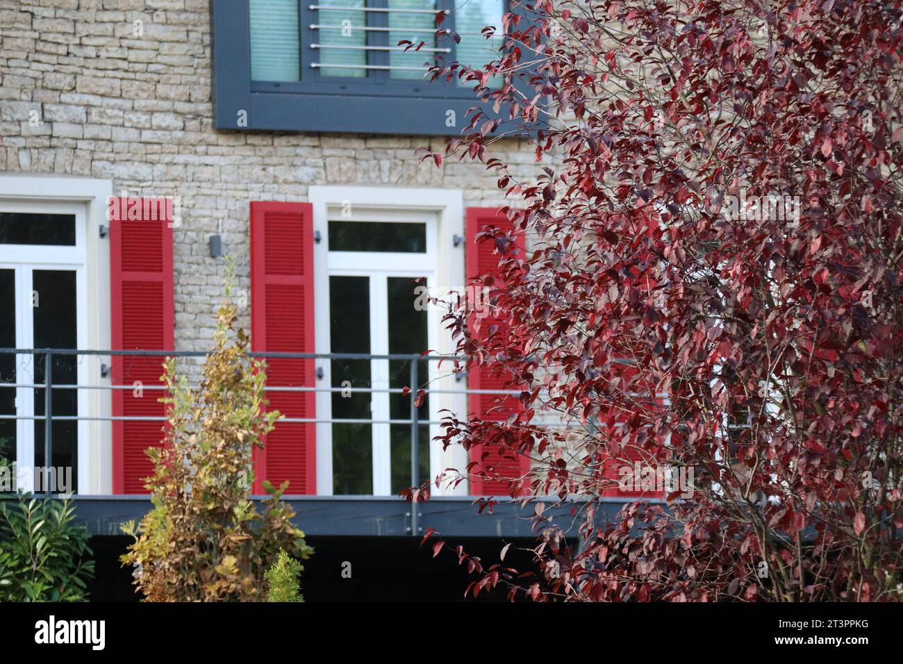 Modernisiertes Steinhaus mit Holzläden Stockfoto