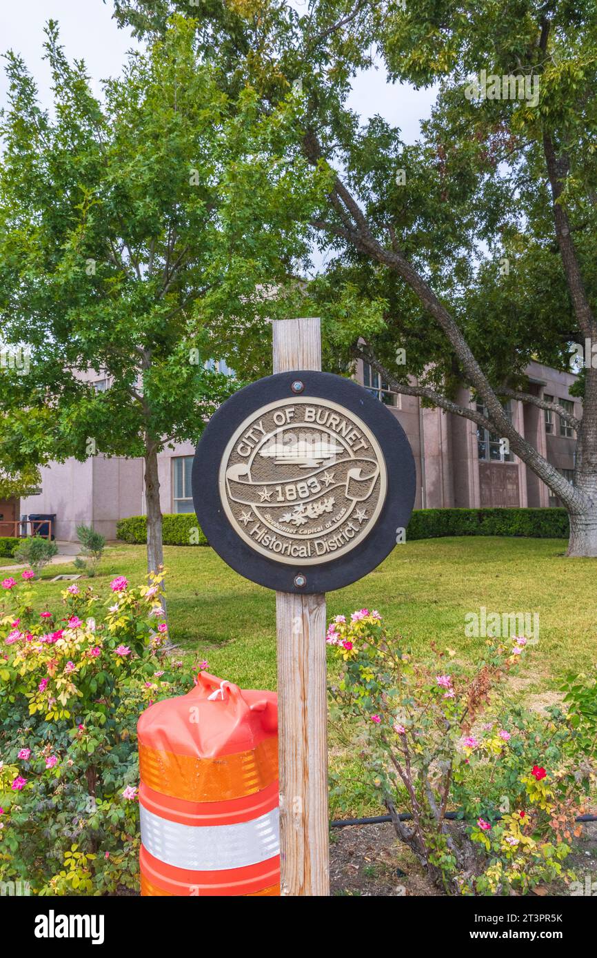 Stadt Burnet Historical District. Austin Steam Train Association Hill County Flyer halten in Burnet, Texas - für Mittagessen, Shopping und Unterhaltung. Stockfoto