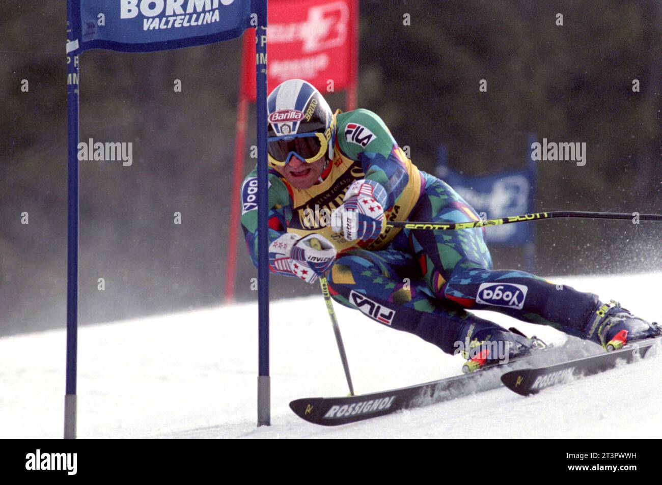 Italien Bormio 18.03.1995: Alberto Tomba, italienischer Skiläufer, in Aktion während der Alpinski-Weltmeisterschaft 1995 Stockfoto