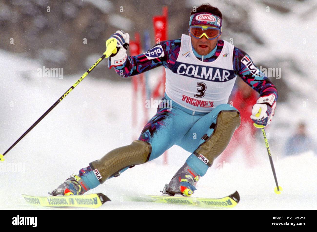 France Tignes 04.12.1994: Alberto Tomba, italienischer Skiläufer, während des WM-Rennens 1994/1995 Stockfoto