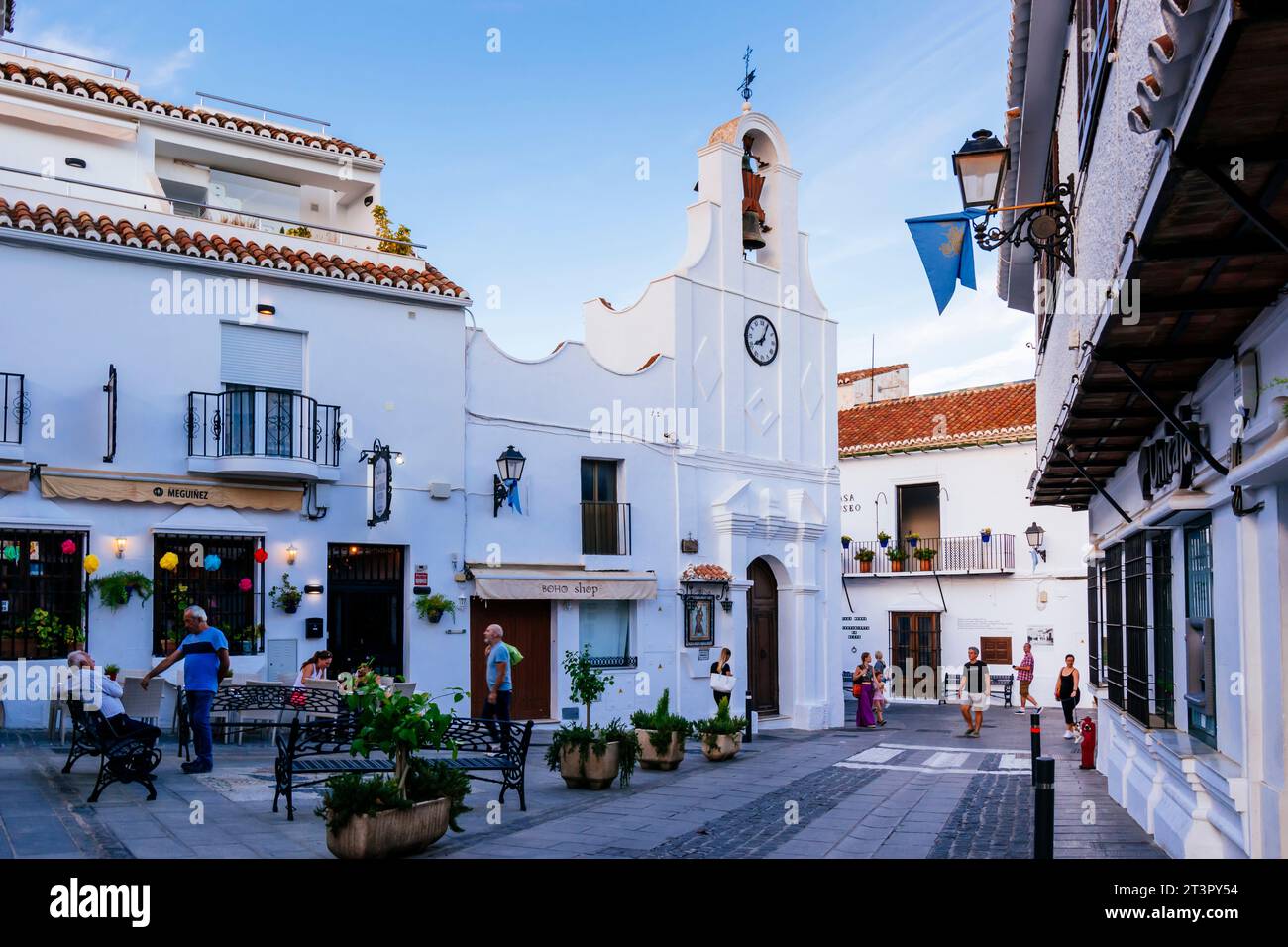 Carril Street und Liberty Square. Mijas Pueblo. Mijas, Málaga, Andalusien, Spanien, Europa Stockfoto
