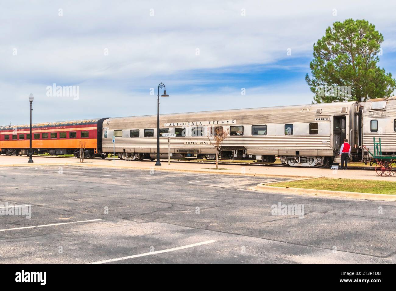 Austin Steam Train Association Hill County Flyer halten in Burnet, Texas - für Mittagessen, Shopping und Unterhaltung. Stockfoto