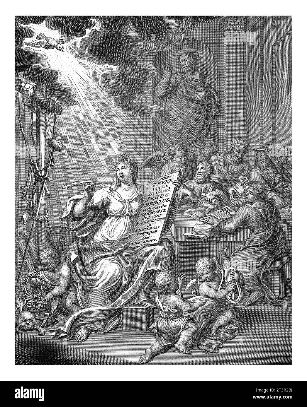 Allegorie mit weiblicher Personifikation und vier Evangelisten, Francois van Bleyswijck, nach Hieronymus van der Mij, 1723 Allegory mit weiblicher Personifikation Stockfoto