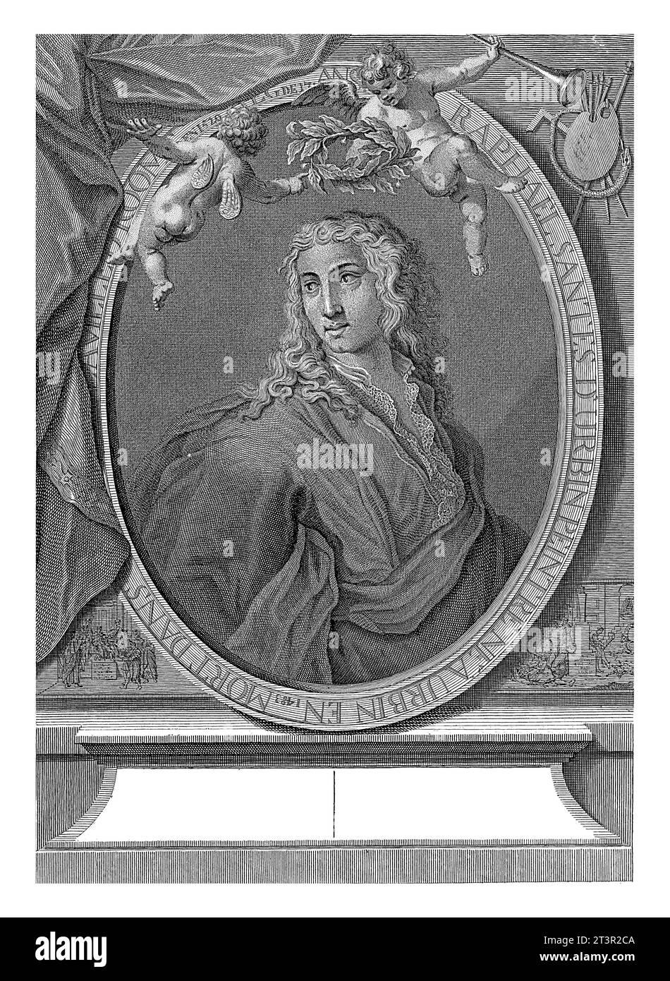 Allegorisches Porträt des Malers Raphael, Matthijs Pool, nach Raphael, 1732 allegorisches Porträt des Malers Raphael. Er wird von zwei Putten geehrt Stockfoto