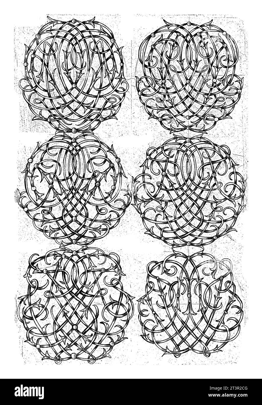 Sechs große Monogramme (NOPQ-STVX), Daniel de Lafeuille, ca. 1690 - ca. 1691 aus einer Serie von 29 teilweise nummerierten Blättern mit Zahlenmonogrammen. Stockfoto