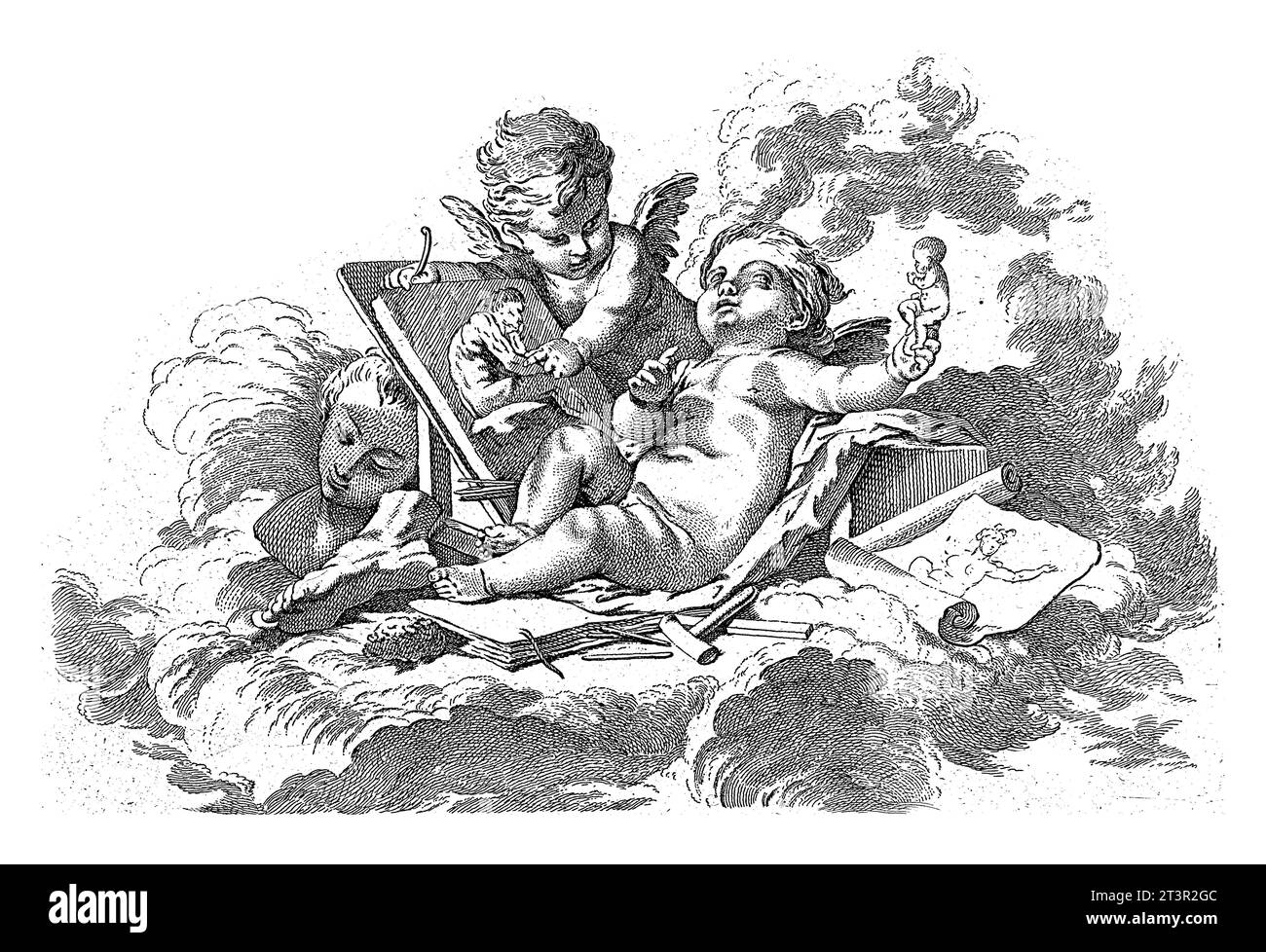 Skulptur, Georg Leopold Hertel, nach Francois Boucher, 1750 - 1778 Allegorie der Skulptur. Zwei Putten mit Attributen, die mit Skulpturen assoziiert sind, wie zum Beispiel Stockfoto