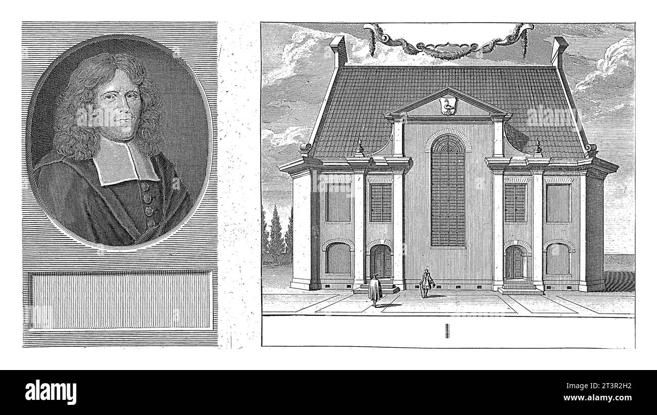 Porträt von Georg Henri Petri und Blick auf die lutherische Kirche von Zaandam, Pieter van Gunst, nach D. Emmerik, 1699–1731 links: Georg Henri Petri, LUT Stockfoto