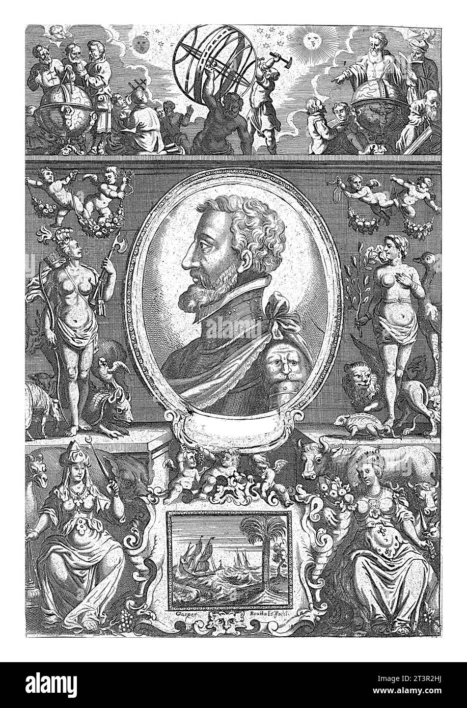 Porträt Heinrich II. Von Frankreich, Gaspar Bouttats, 1650–1695 Porträt im ovalen Rahmen von Heinrich II. Von Frankreich. Büste nach links. Das Medaillon ist umgeben Stockfoto