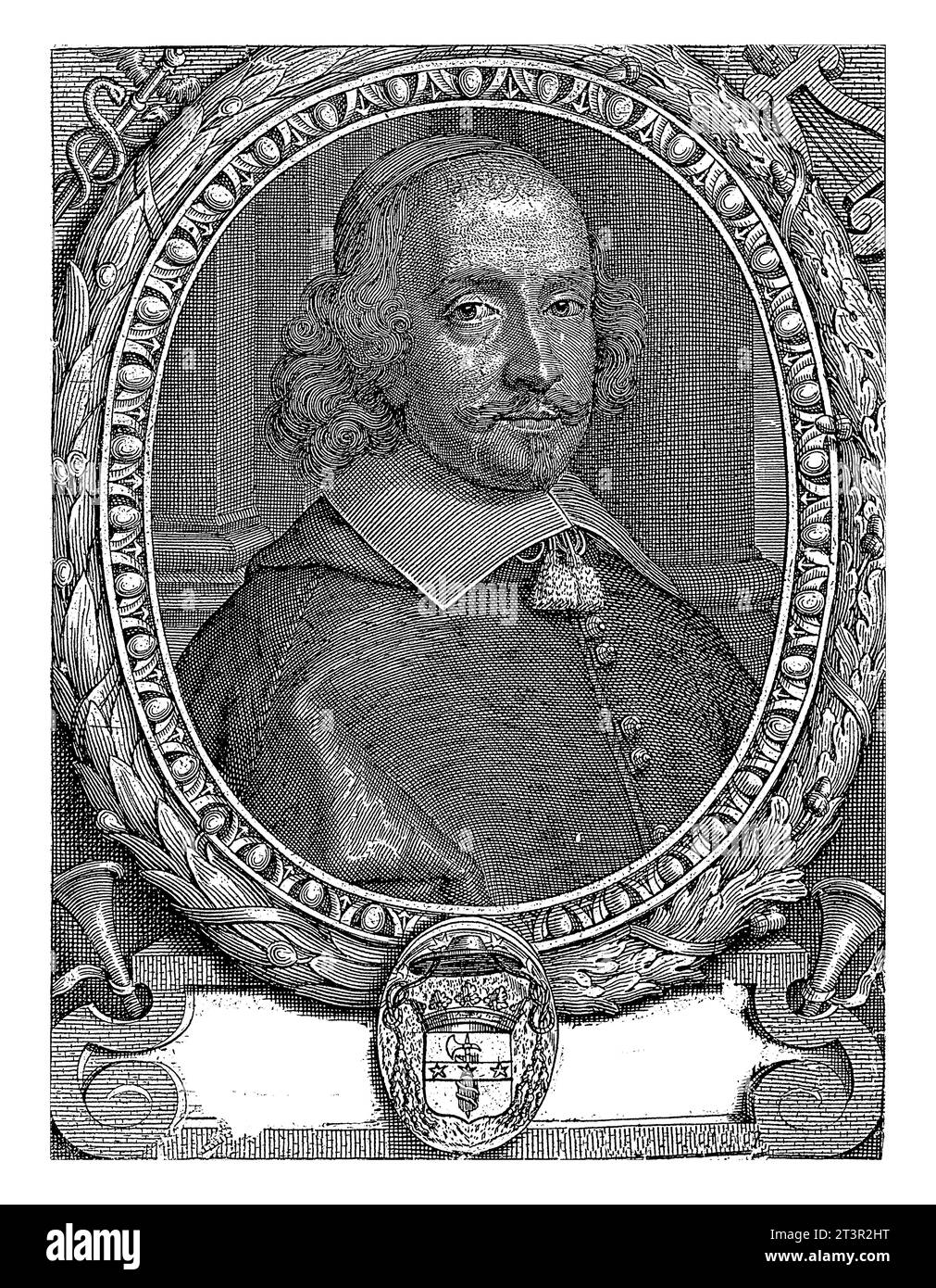 Porträt von Kardinal Mazarin, Pieter de Jode, 1659 Porträt von Kardinal Mazarin, mit Schädelkappe. Das Porträt ist in einem ovalen Rahmen mit einem Lorbeerkäfer angeordnet Stockfoto