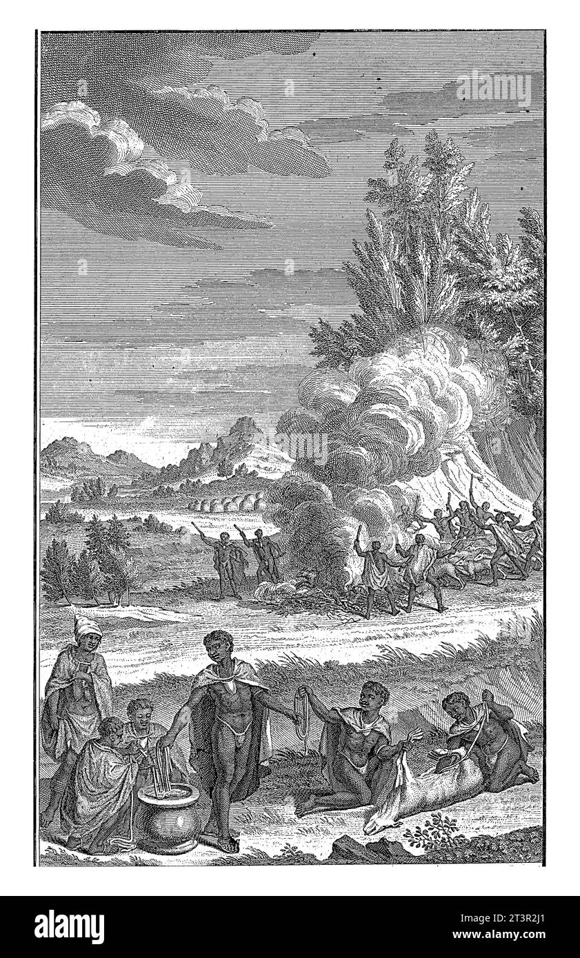 Khoi schlachten ihre Schafe ab, Jan Caspar Philips, 1727 Landschaft mit Khoi schlachtet ihre Schafe, indem sie sie zum Lagerfeuer treiben. Stockfoto