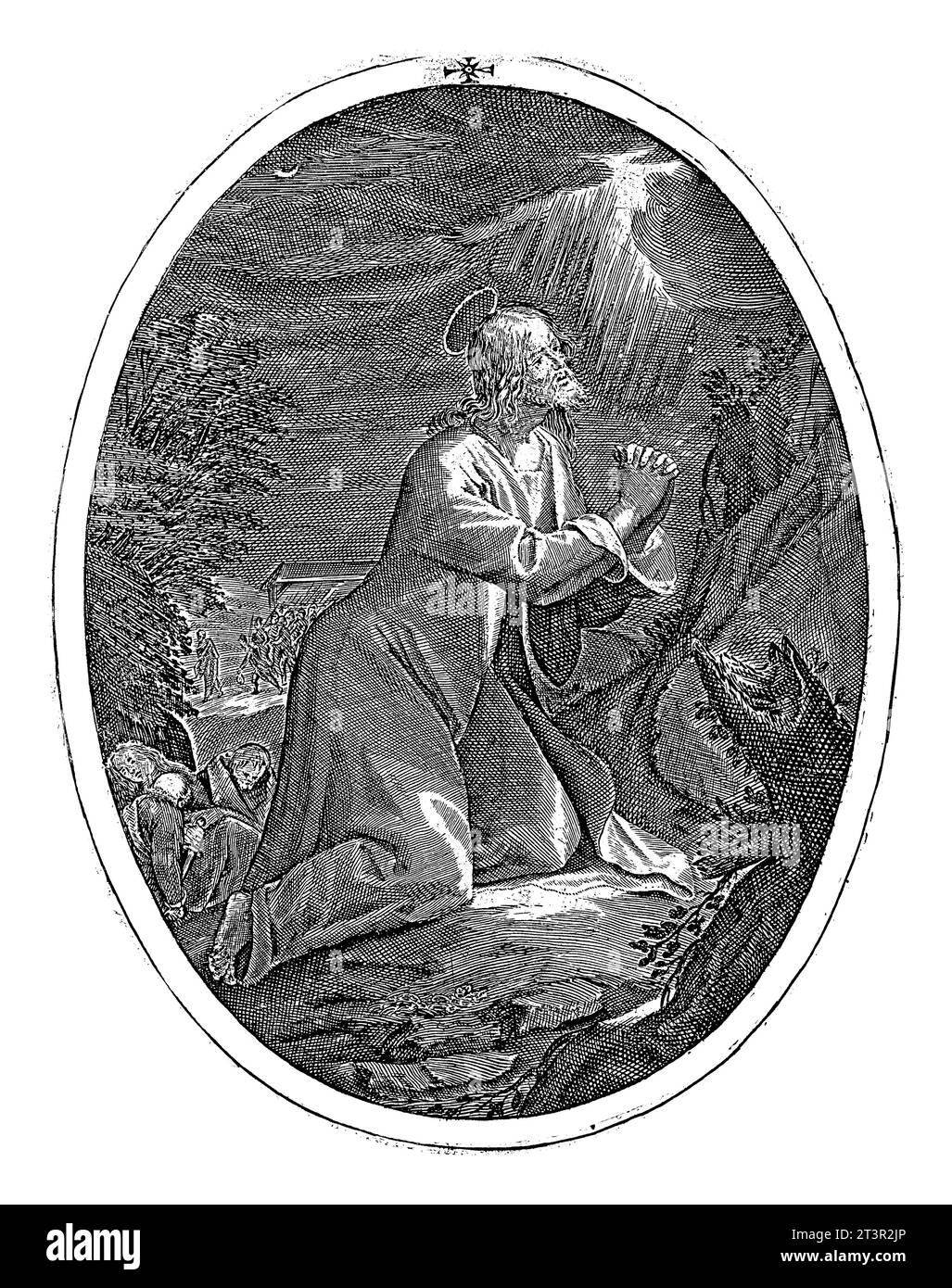 Christus im Garten Gethsemane, Crispijn van de Passe (I), 1600 Christus betet zu Gott im Garten der Oliven, während seine Jünger schlafen. Im Stockfoto