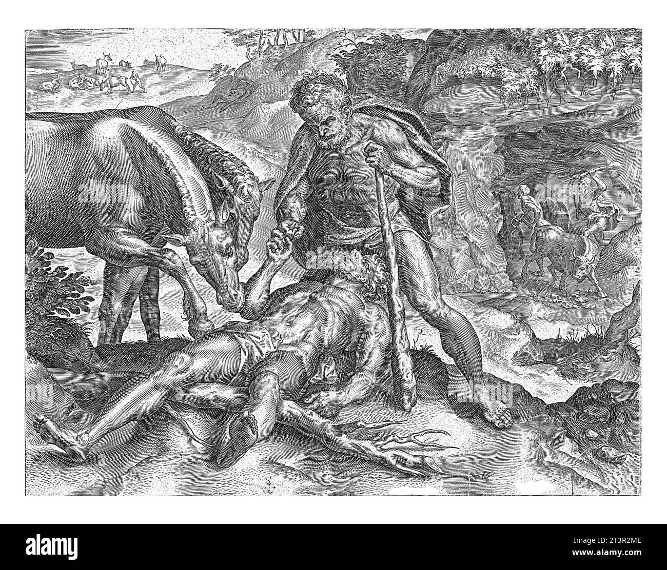 Hercules ernährt Diomedes an seine Pferde Cornelis Cort, nach Frans Floris (I) wurden 1563 Diomedes' Pferde mit menschlichem Fleisch gefüttert. In einem Kampf, Herkules Ki Stockfoto