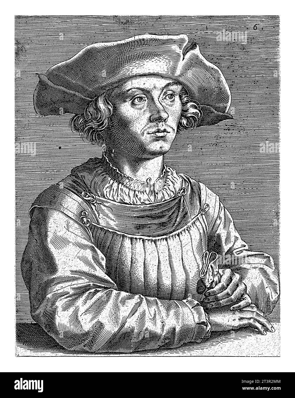 Porträt des Malers Bernard van Orley, Wierix (abgelehnte Zuschreibung), nach Albrecht Durer, 1572 am Rand eine achtzeilige Beschriftung in lateinischer Sprache. Stockfoto