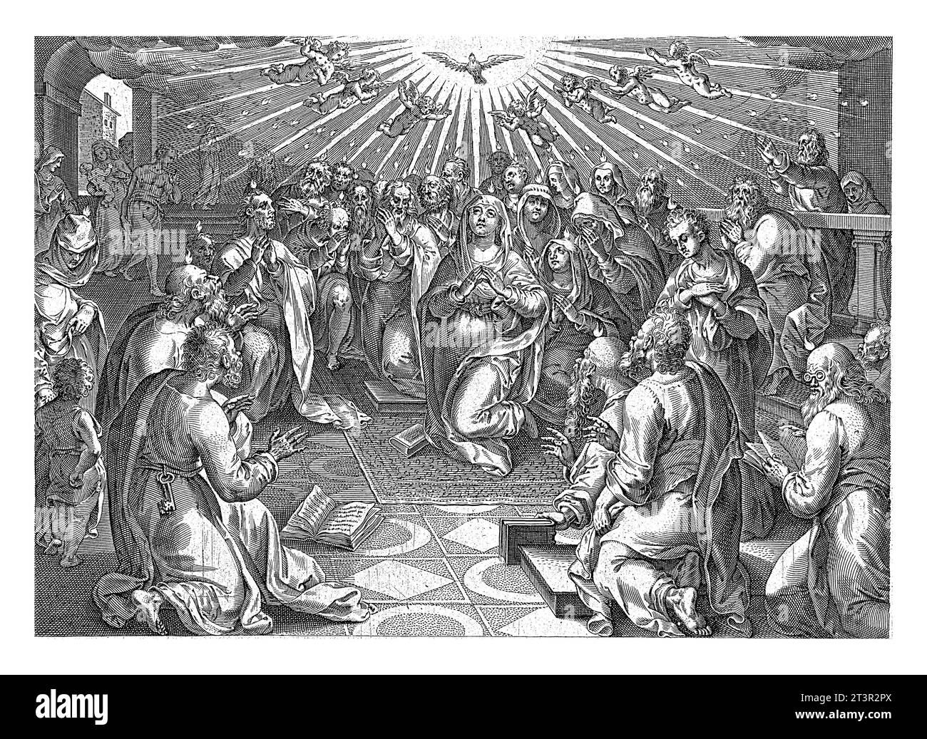 Ausgießen des Heiligen Geistes, anonym, nach Philips Galle, nach Jan van der Straet, 1646 der Heilige Geist erscheint in Form einer Taube und ist pou Stockfoto