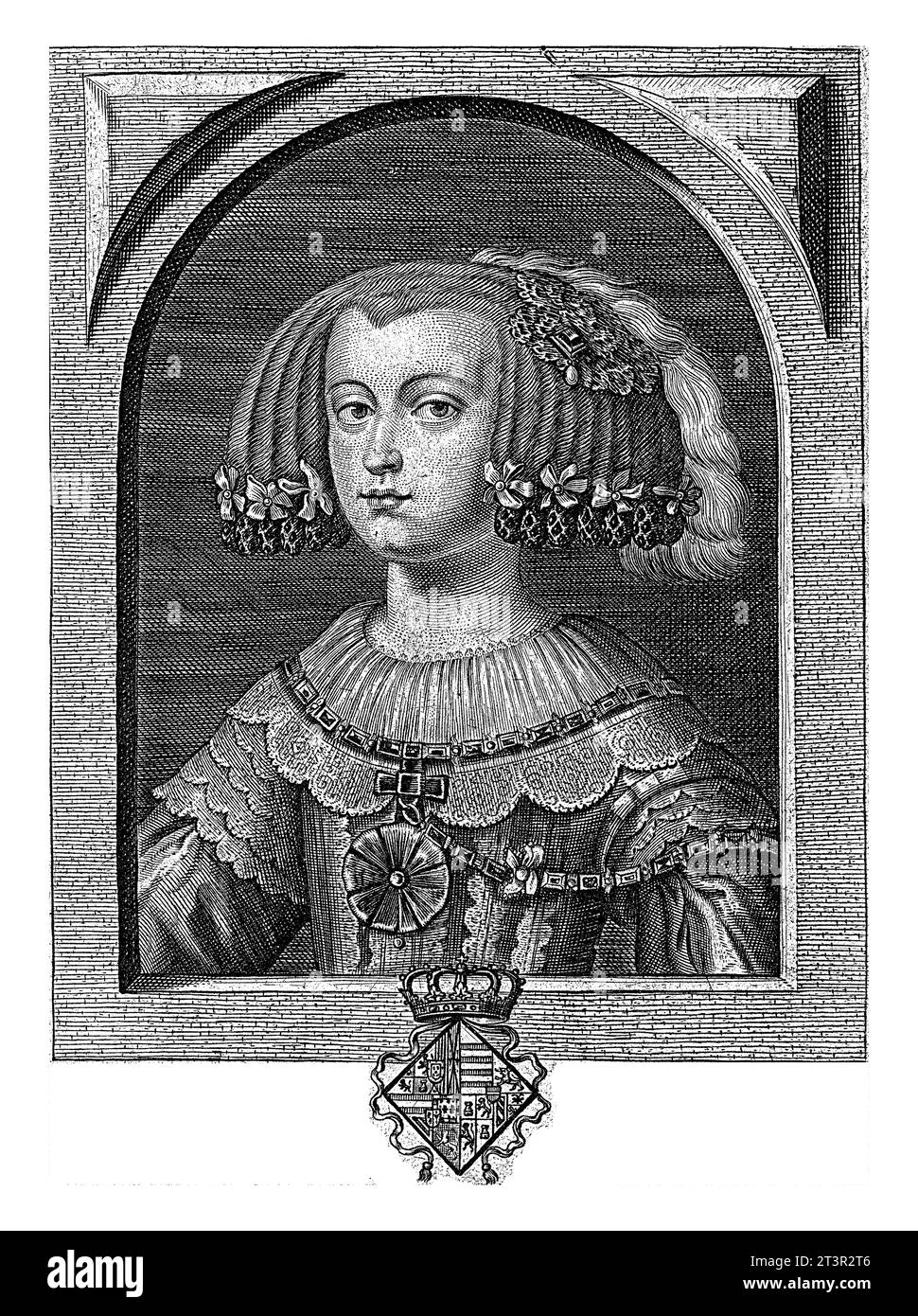 Porträt von Maria Anna von Österreich, Königin von Spanien, Frederik Bouttats (der ältere), 1649 - 1676 Porträt in einer bogenförmigen Nische von Maria Anna von Österreich, Stockfoto
