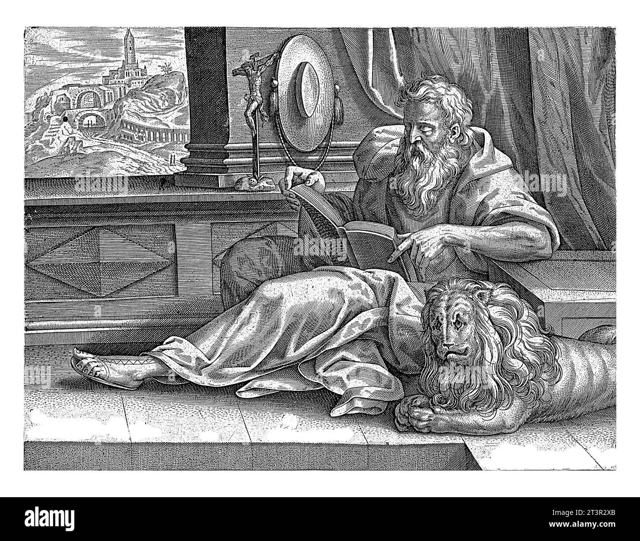 Der Heilige Jerome liest ein Buch. Neben ihm liegt der Löwe. Der Hut seines Kardinals hängt an der Wand, ein Kruzifix steht auf der Fensterbank. Das Fenster überlappt Stockfoto