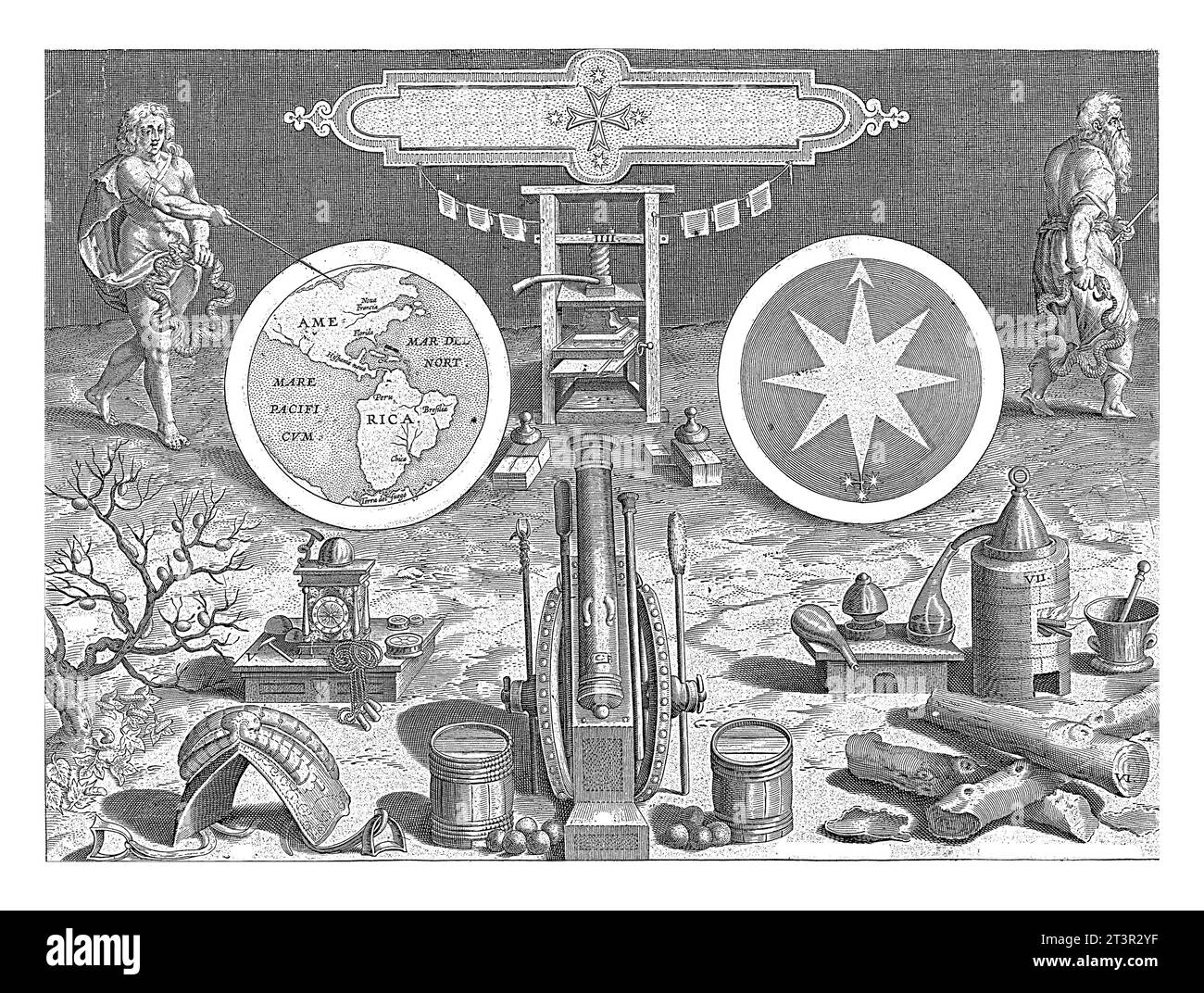 Titeldruck für die Serie Nova Reperta, Jan Collaert (II) (zugeschrieben), nach Jan van der Straet, um 1589 - um 1593 Mitte über einer Kartusche mit Stockfoto