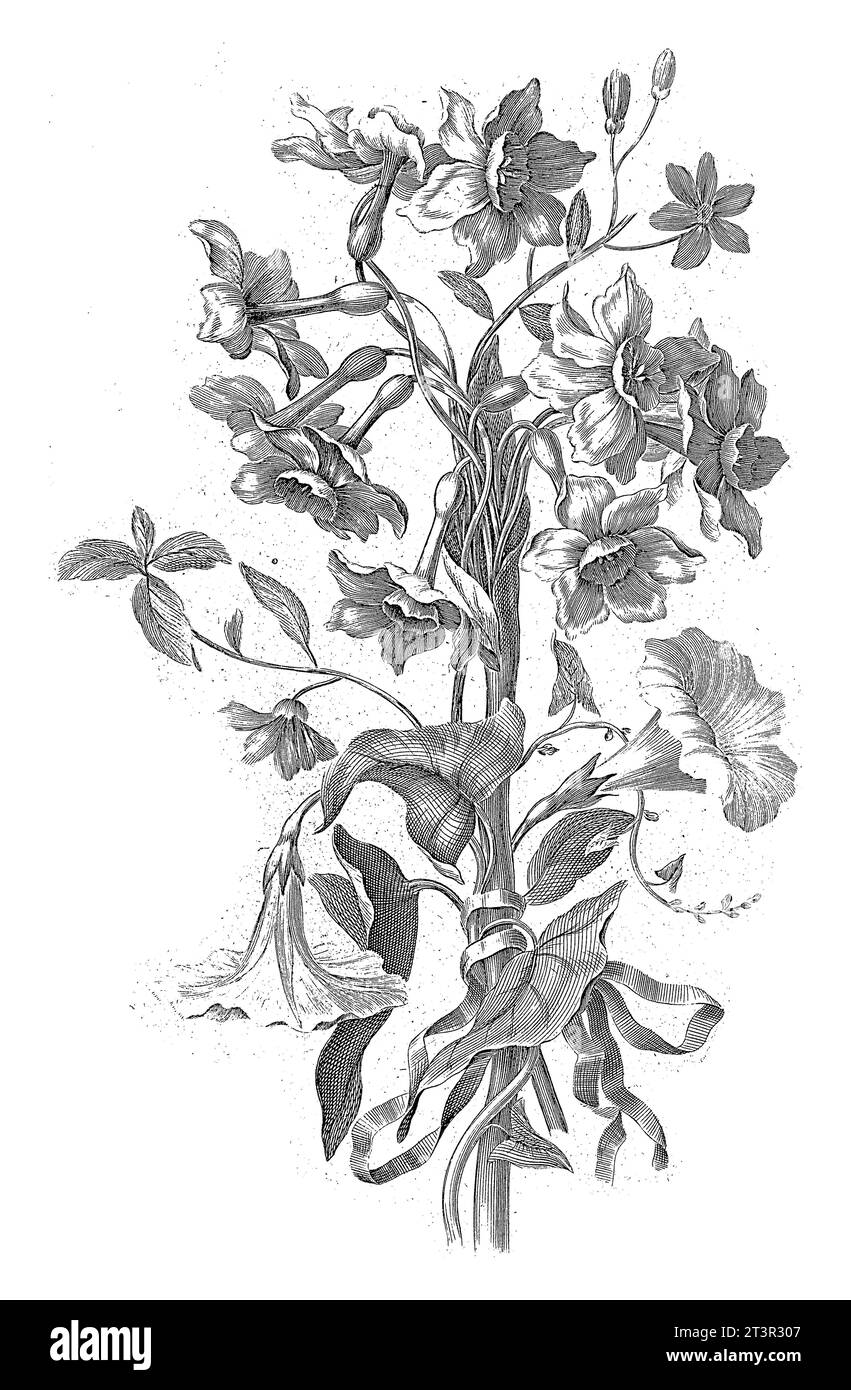 Bouquet aus Narzissen und Bindweed, Jean Jacques Avril (I), nach Jean Baptiste Monnoyer, 1754 - 1794 die Blumen sind mit einem Band zusammengebunden. Stockfoto
