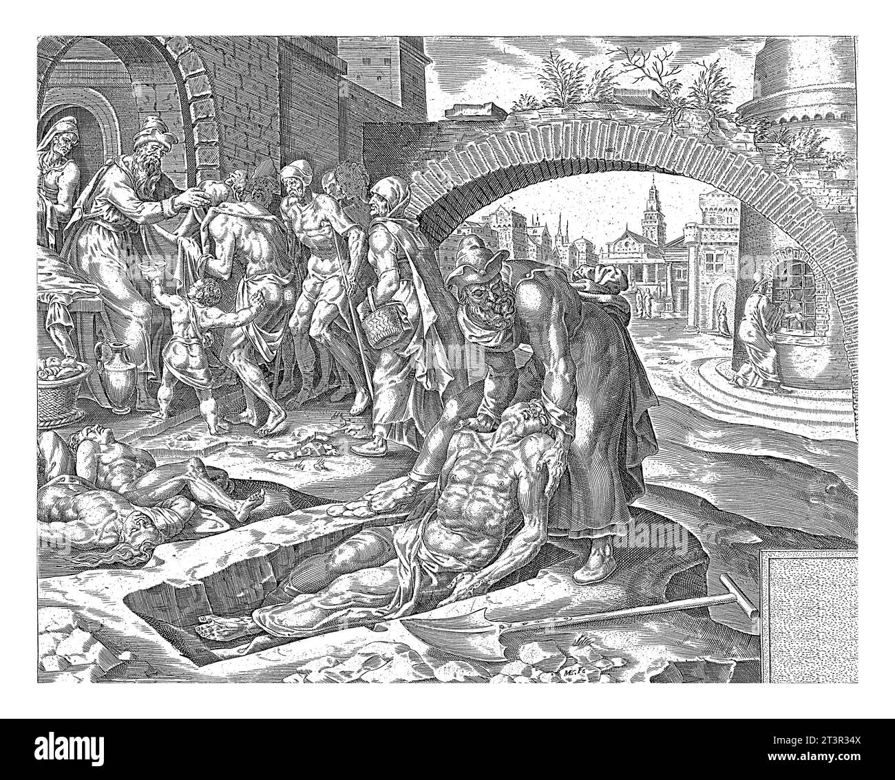 Tobit zeigt Barmherzigkeit, Harmen Jansz Muller, nach Maarten van Heemskerck, 1564–1568 Tobit zeigt Barmherzigkeit, indem er die Toten ordentlich begräbt. Stockfoto