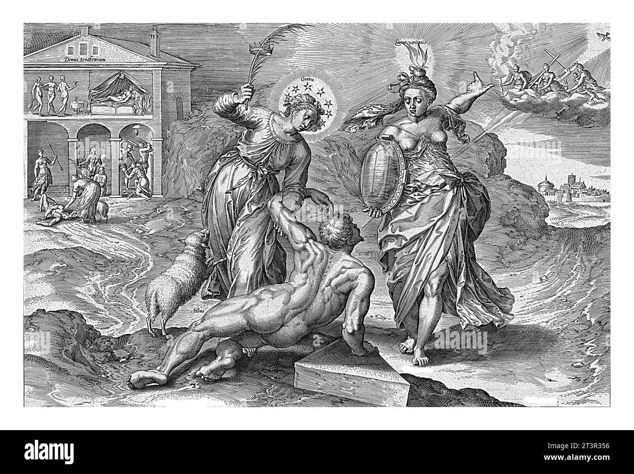 Auferstehung des Menschen, Hieronymus Wierix, nach Ambrosius Francken (I), nach Willem van Haecht (I), 1578 Allegorie der Erlösung des Menschen. Stockfoto