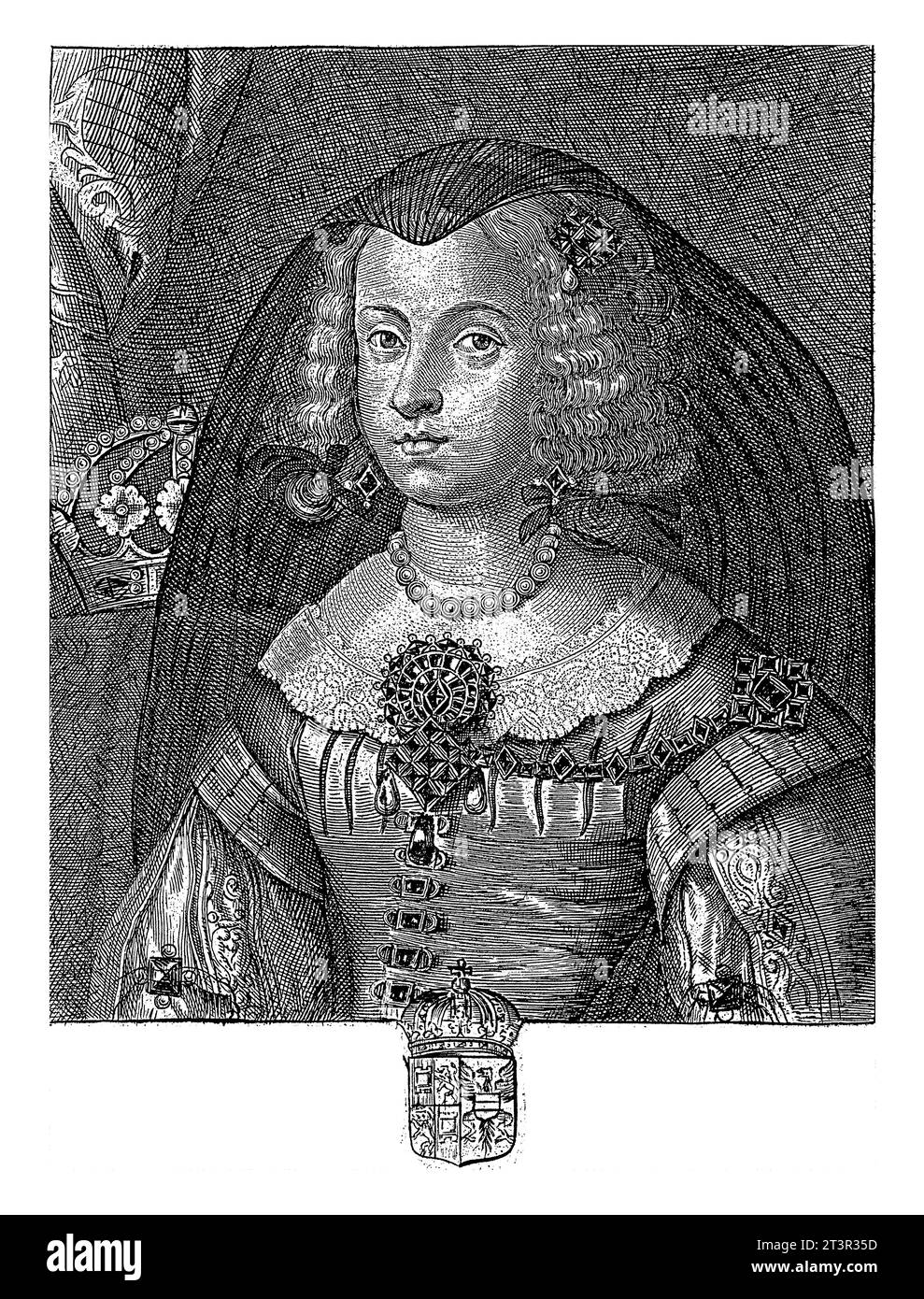 Porträt von Maria Anna von Österreich, Königin von Spanien, Pieter de Jode (II), 1628 - 1670 Büstenporträt von Maria Anna von Österreich, in einem reich verzierten Dres Stockfoto