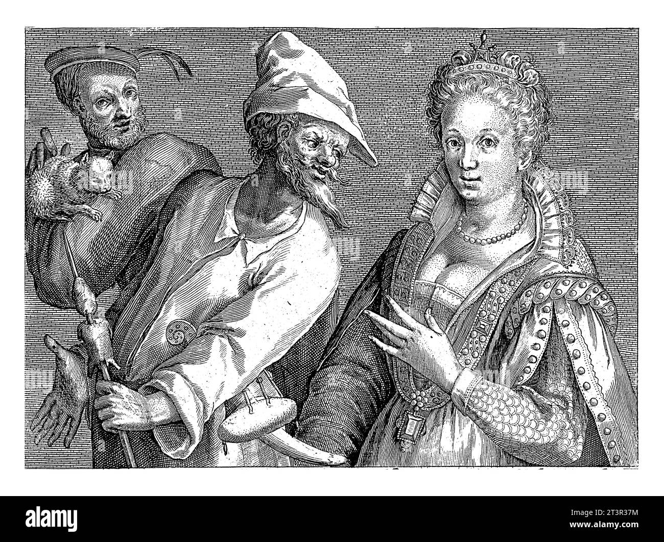Aura versucht Harlequin, Crispijn van de Passe (I), nach Jacques Bellange, 1574–1637, Eine reich gekleidete Frau (Aura) und Harlequin (ein Charakterzug) zu verführen Stockfoto