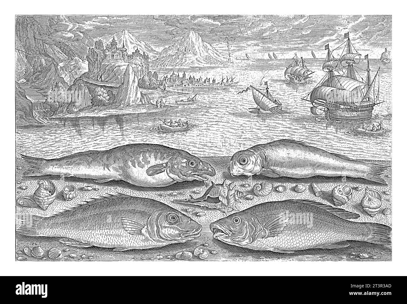 Vier Fische am Strand, Adriaen Collaert, 1627 - 1636 Ein Gudgeon, ein Buchsfisch, ein Wittling und ein weiterer Fisch werden am Strand zusammen mit etwas Muschel gespült Stockfoto