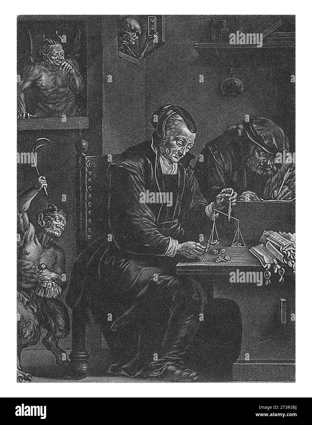 Goldwaage (Variante mit zwei Teufeln), Jan van der Bruggen, nach David Teniers (II), 1690–1694 in einem Zimmer wiegt eine Frau Gold, während ein Mann d schreibt Stockfoto