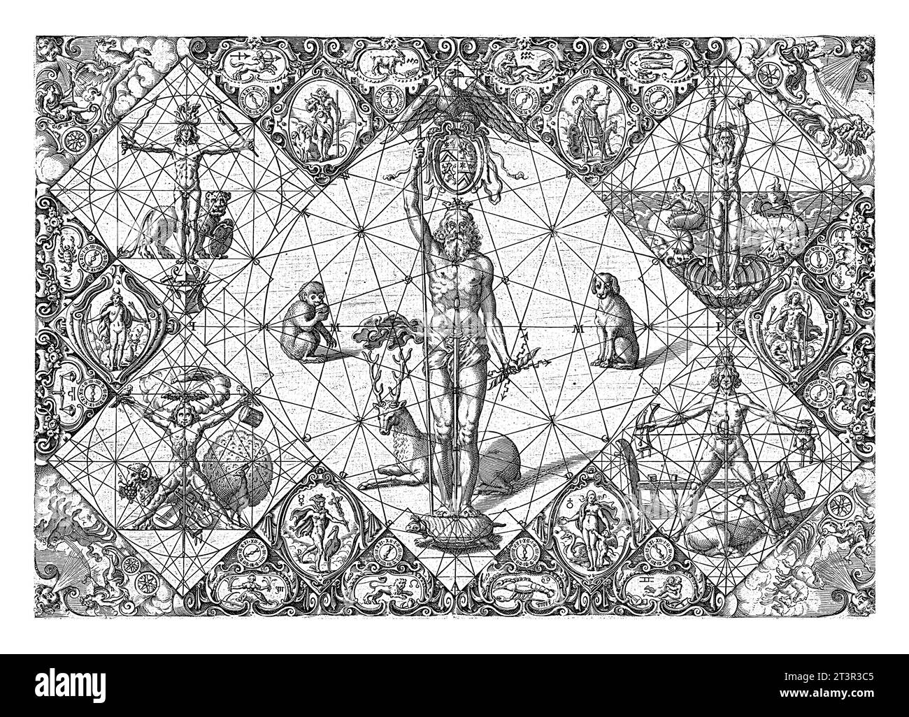 Gekrönter Jupiter inmitten der Elemente und Planeten, Michiel le Blon, 1597–1656 der gekrönte Jupiter steht innerhalb eines Kreises auf einer Schildkröte und ist umgeben Stockfoto