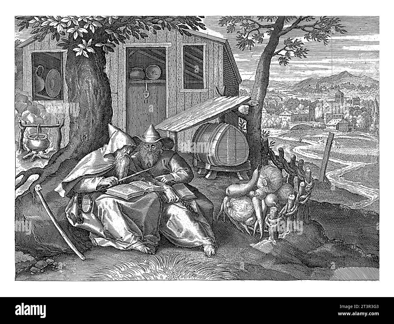 H. Romualdus von Ravenna und H. Marinus als Einsiedler, Jan van Londerseel, nach Maerten de Vos, 1580–1625 die Heiligen Romualdus von Ravenna und Marinus sitzen Stockfoto