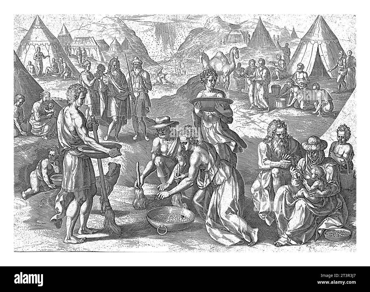 In der Wüste sammelt Johann Sadeler, nach Crispijn van den Broeck 1579 das jüdische Volk in der Wüste Manna. Zum zweiten Plan M Stockfoto