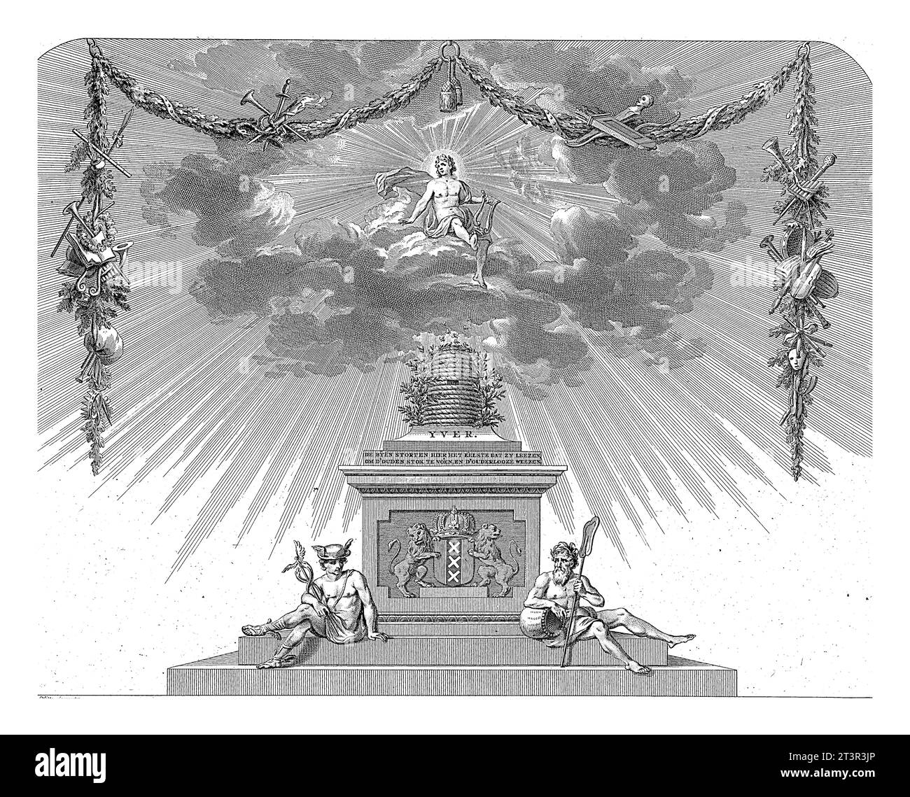 Bühnenvorhang des Amsterdamer Theaters, Reinier Vinkeles (I), nach Jacob Eduard de Witte, 1775 Apollo mit Leier sitzt auf einer Wolkendecke, mit einem Halo Stockfoto