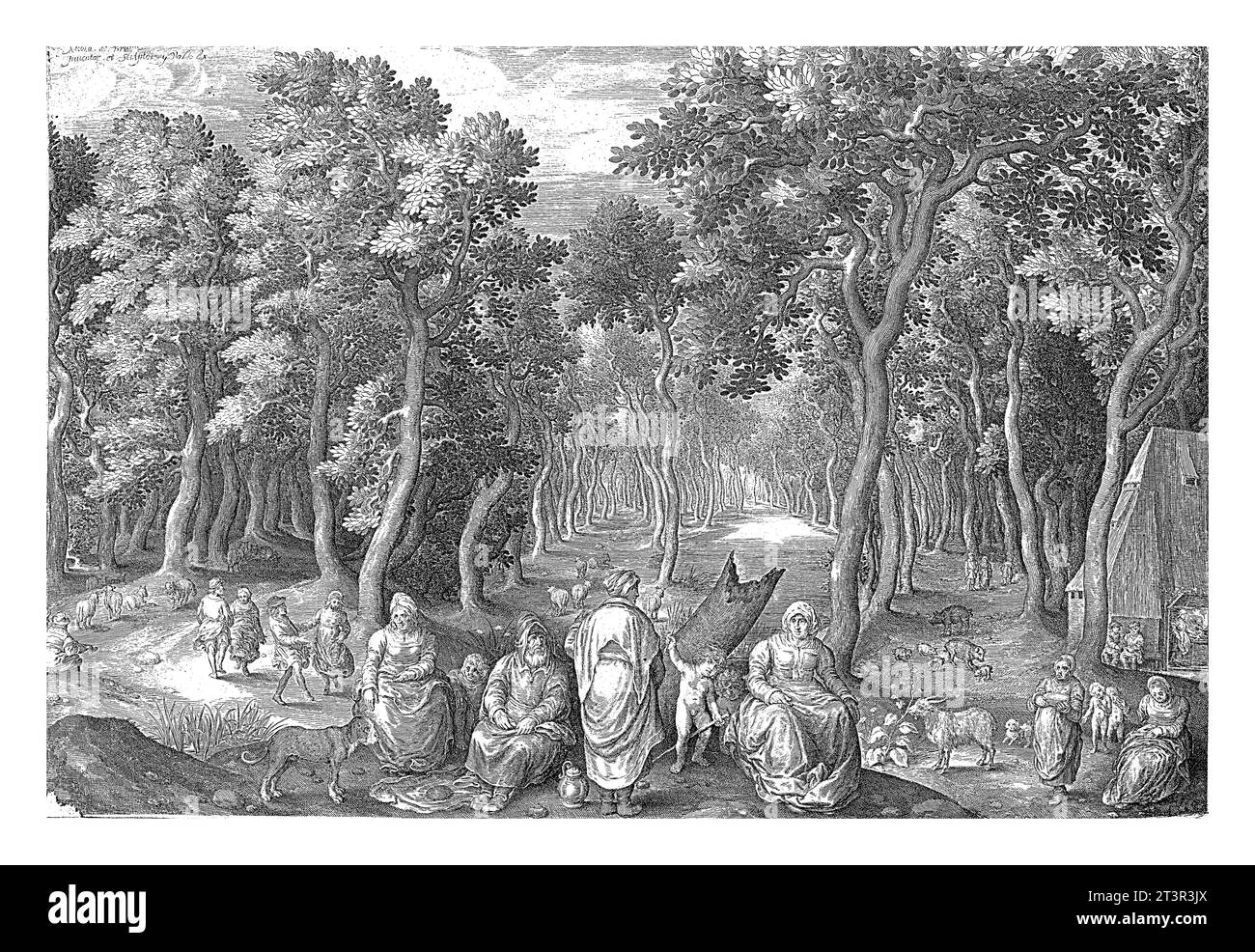 Farmer's Family in a Wood, Nicolaes de Bruyn, 1661 - 1726 Eine Bauernfamilie auf einer Waldlichtung. Im Vordergrund ein alter Mann, mehrere Frauen und Stockfoto