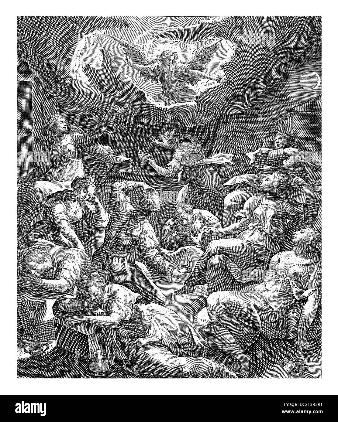 Die fünf weisen und die fünf törichten Jungfrauen werden von einem Engel, Crispijn van de Passe (I), nach Maerten de Vos, 1589–1611, erweckt. Stockfoto