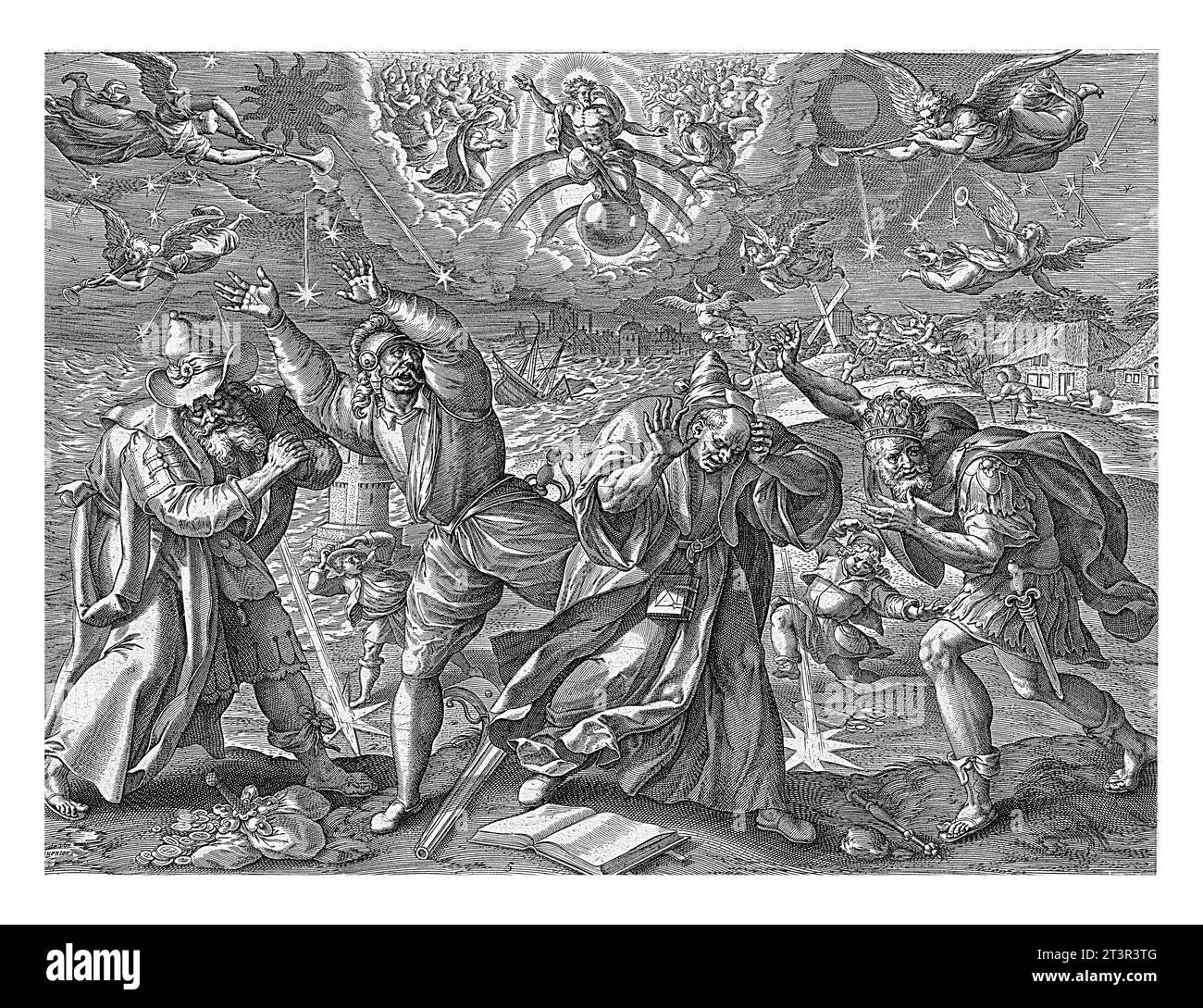 Ende der Welt, Hieronymus Wierix, nach Maerten de Vos, 1583 Christus sitzend auf dem Regenbogen, mit erhobenen Händen, während des letzten Gerichts. Stockfoto