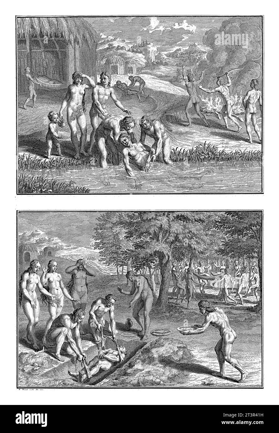 Heilung der Kranken und Begräbnis der Indianer von Paria, Bernard Picart (Werkstatt von), 1723 Blatt mit zwei Darstellungen von Ritualen der Indianer von Paria Stockfoto