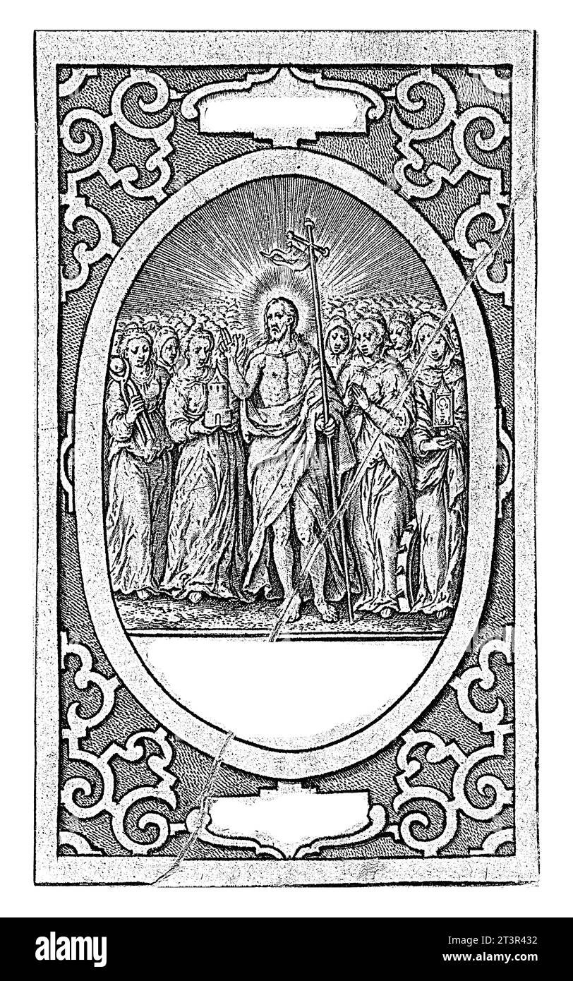 Christus im Himmel (Caelestis), Hieronymus Wierix, 1563 – vor 1619 der auferstandene Christus im Himmel, begleitet von einer großen Anzahl weiblicher Heiligen. Stockfoto