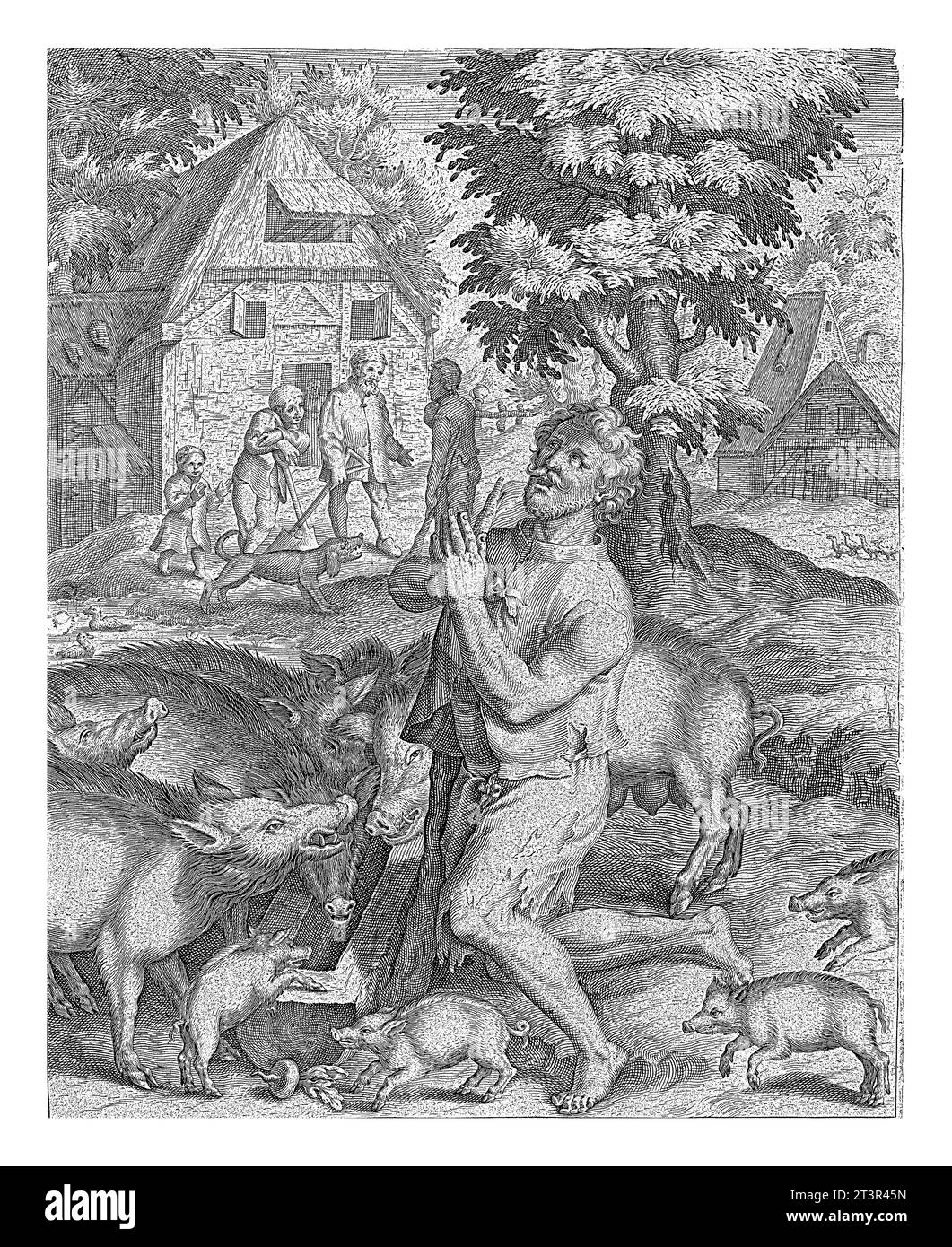 Der verlorene Sohn als Schwineherd, Nicolaes de Bruyn, 1581–1656 der verlorene Sohn kniet im Gebet an einem Trog mit Schweinen und Ferkeln. Stockfoto